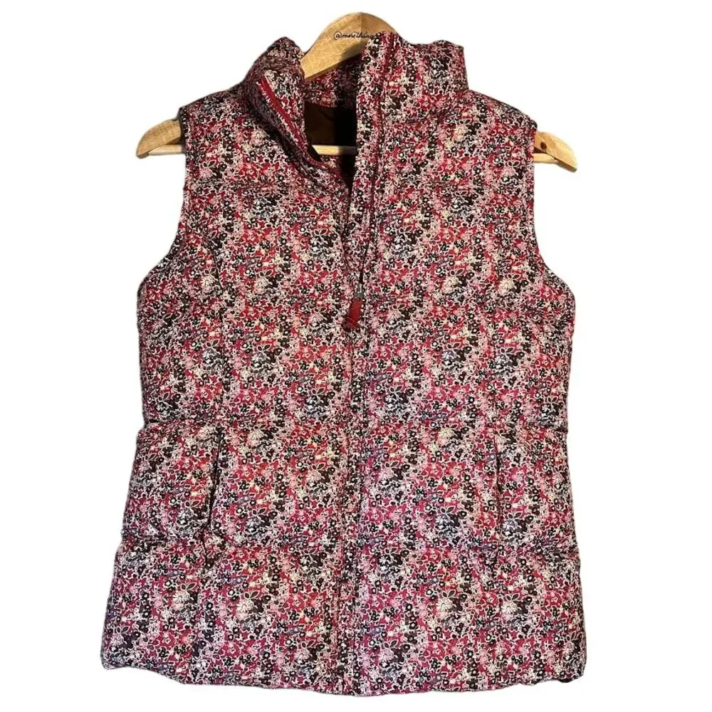 Lands' End Kids Red Floral Zip Down Puffer Vest Size Medium